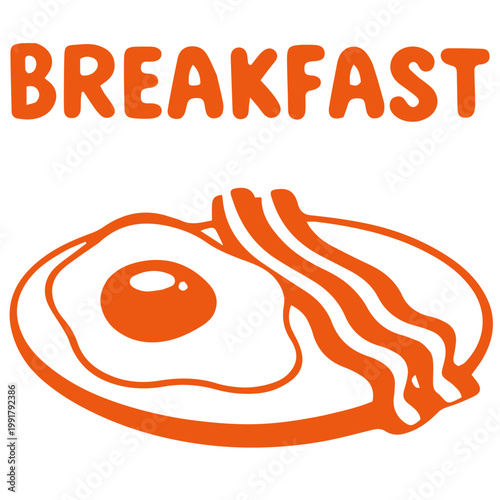 Breakfast doodle illustration with fried egg and crispy bacon on plate
