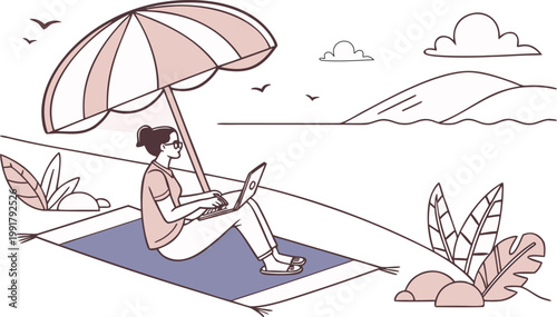 A woman working remotely on her laptop while sitting on a beach under a large umbrella.