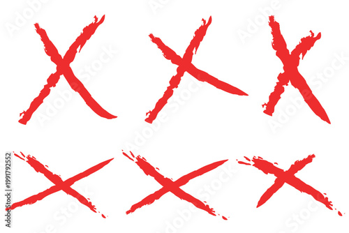 Hand drawn brushstroke red cross X mark set. Paint brush textured cross, ban, refusal. Strikethrough text and important objects. Stock vector illustration isolated on white background.
