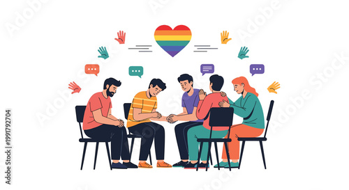 Diverse people discussing, rainbow heart, LGBTQ+ community, teamwork vector illustration