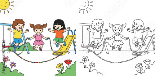 Happy Kids Playing on Playground with Swing Slide and Skipping Rope Cartoon Illustration and Coloring Page Set for Children's Activity