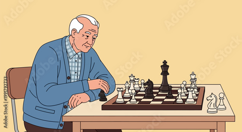 Elderly man deeply focused playing chess game alone.