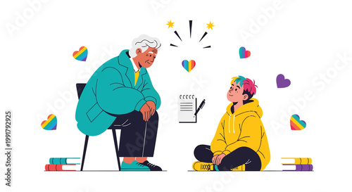 Counseling, therapy, and mentorship concept, colorful illustration of psychologist and client, mental health support