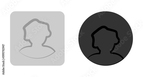 Vector flat illustration in grayscale. Two profiles round and square. Avatar, user profile, face icon, profile picture. Suitable for social media profiles, icons, splash screens and as a template.