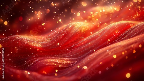 Luxurious Red Silk Fabric with Glowing Bokeh Elegant Festive Background.