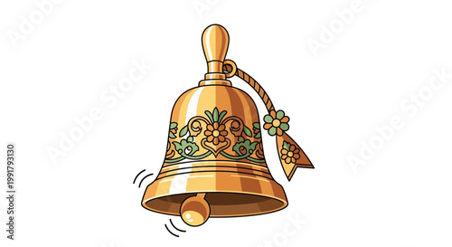 A detailed illustration of an ornate golden ringing bell.