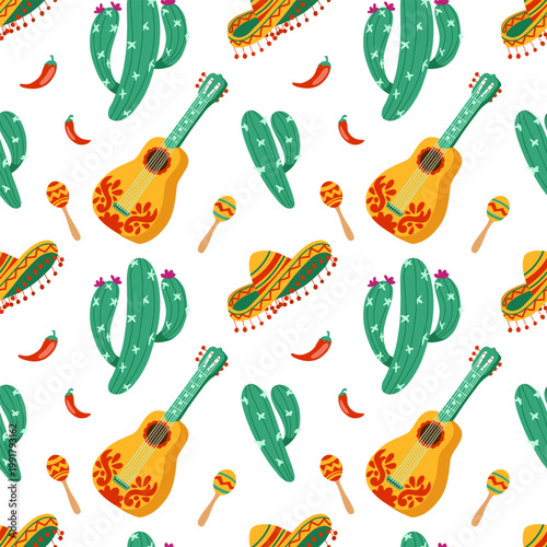 Cactus, guitar, sombrero, maracas and chili seamless pattern. Colorful Mexican fiesta Cinco de Mayo holiday. Vector hand drawn illustration on white background for textile, wrapping, fabric