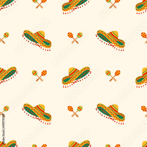 Sombrero and maracas seamless pattern. Mexican Cinco de Mayo festive vector hand drawn illustration with traditional party elements on beige background for textile, wrapping, fabric, print