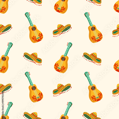 Sombrero and guitar seamless pattern. Mexican Cinco de Mayo festive vector illustration with traditional Mexican Day of the Dead elements on light background for textile, wrapping, fabric