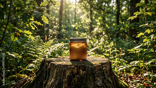 Shea butter jar on tree stump in forest with natural skincare spa mood