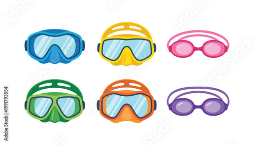 Collection of colorful swimming goggles and masks for diving and water sports transparent vector.