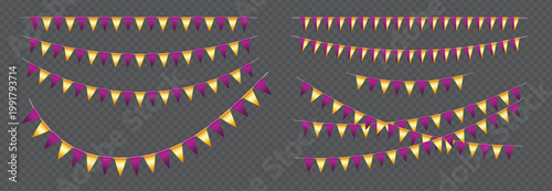 Realistic Triangle Bunting flags set, Pink and Gold vector pennants hanging on the rope, colorful flag garland for party and holiday decorations