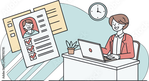 A female human resources professional reviewing a candidate profile on her laptop in an office.