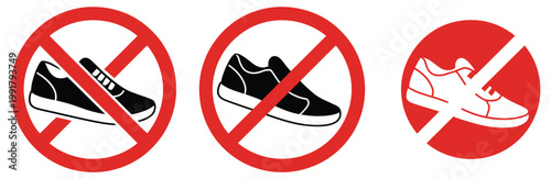 No shoe allowed icon set, modern flat and line style prohibition icons showing crossed shoe symbols for hygiene zones, clean areas, hospitals, offices, and restricted entry spaces, vector illustration