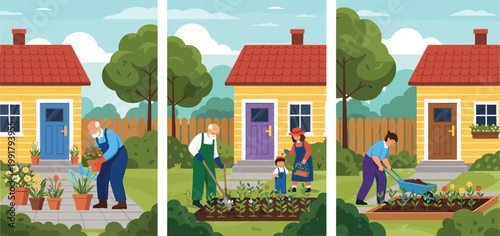 Colorful Flat Design People Gardening at Home Scene Set with Family, Elderly, and Kids Planting Flowers for Outdoor Lifestyle Designs