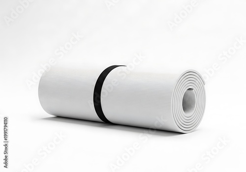 Rolled up white yoga mat on white background