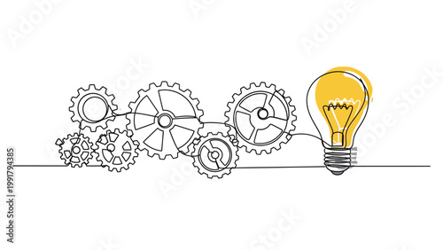 Continuous line drawing of interconnected gears and a glowing lightbulb representing innovation.