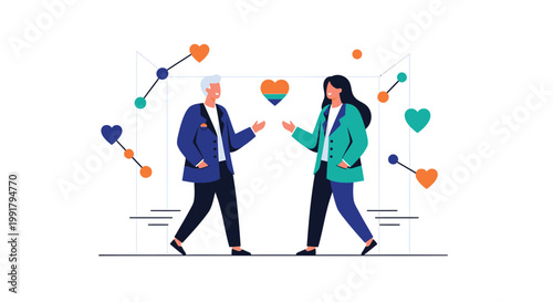 Couple walking, heart symbols, colorful illustration, love, relationships, vector graphic