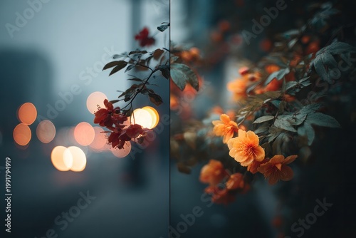Flowers with bokeh lights at dusk creating peaceful atmosphere
