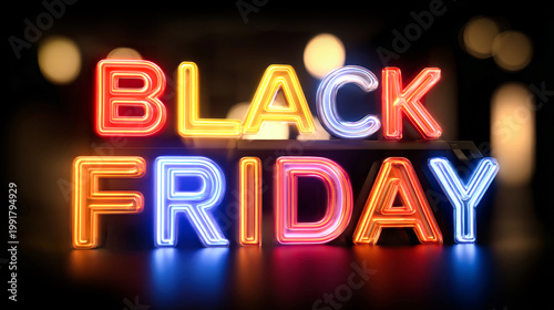 Bright neon text stating Black Friday shines in vibrant colors on a dark backdrop. The glow illuminates the area with a bokeh effect, creating an eye-catching display