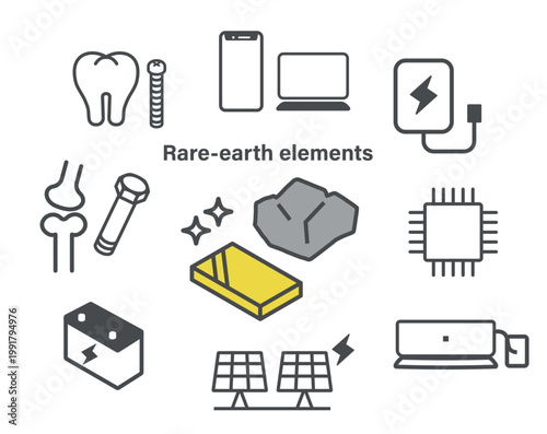 レアメタルと用途・活用方法のイメージのアイコンイラスト（レアアース・電池・半導体・医療）