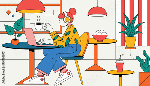 Cartoon illustration of a man sitting on a chair drinking coffee while using a laptop