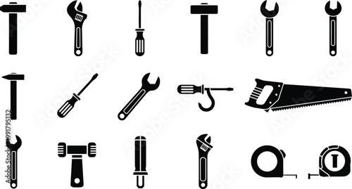 Assorted hand tools and workshop equipment icons Vector