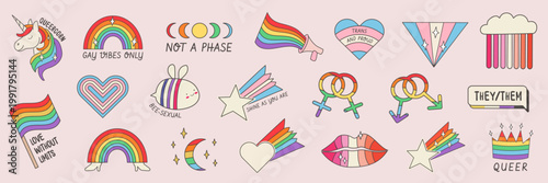 Retro LGBTQ pride sticker set with pun slogans and inclusive identity icons. Hand-drawn queer doodles, non-binary and lesbian elements, transgender flags and rainbows. Isolated vector illustration.