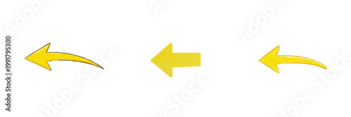 A bright yellow arrow pointing left isolated on white background high resolution graphic icon for navigation and direction signage and web interface design and creative marketing wayfinding assets.
