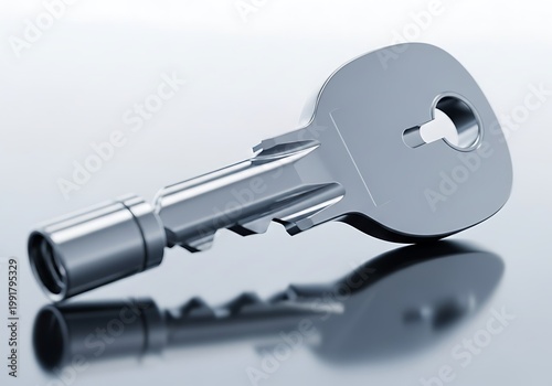 Silver key close up on reflective surface