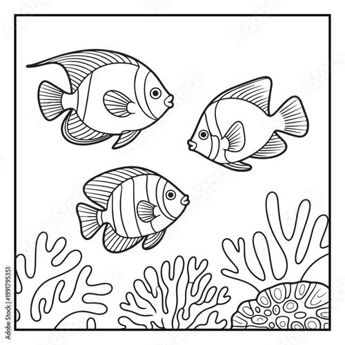 Cute Sea Animals and Marine Life Coloring Page Vector Line Art