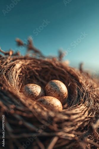 Three speckled eggs nestled in woven bird nest