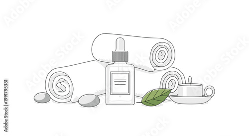A serene collection of minimalist spa wellness items features pristine white rolled towels alongside a glass dropper bottle and smooth grey massage stones.