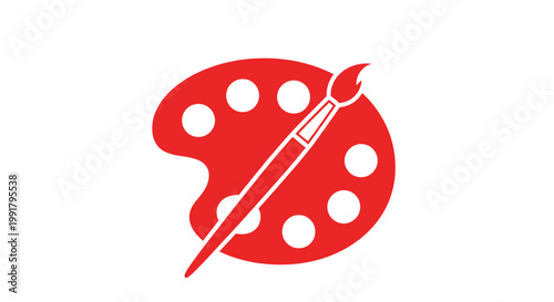 Red artistic paint palette with brush icon isolated on white background for creative design fine arts education and hobby projects.