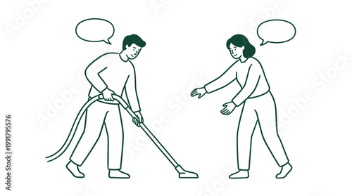 Young Couple Working Together To Vacuum Floor Surface In Home Interior Using Professional Equipment For Successful Daily House Cleaning Routine Maintenance