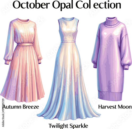 Create a realistic kinds of deferent October dress (opal) vector art with white background.