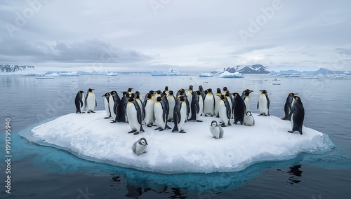 Group of emperor penguins huddled on a snow-covered ice floe, surrounded by calm dark blue water, with distant icebergs and mountains under a cloudy Antarctic sky