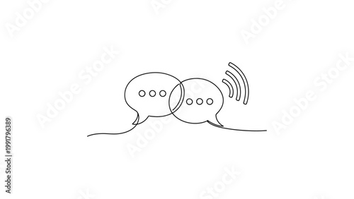Continuous single line drawing of two overlapping speech bubbles with wifi symbol.