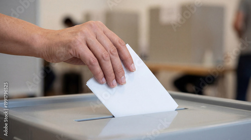 Hand placing a paper ballot into a box at a polling station, representing civic participation, voting process, election procedures, public governance, and democratic decision making.