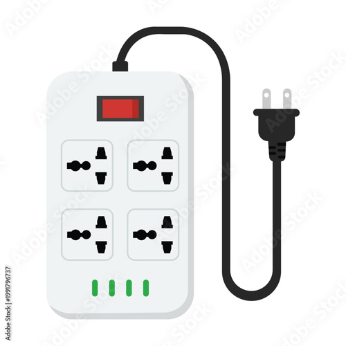 Power Strip Close-Up: A sleek and modern power strip, featuring multiple sockets, a red indicator light, and a connected plug, represents the technology. 