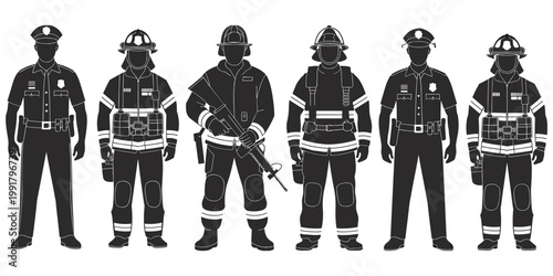 Public safety professional silhouette illustration set, police firefighter artwork, tactical emergency vector, protective service composition, uniform character illustration