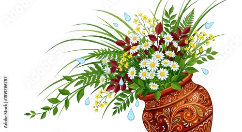 Illustrative graphic still life of ornate terracotta clay pot filled with white daisy flowers, yellow blossoms, red leaves, green foliage and water droplets on stark white background