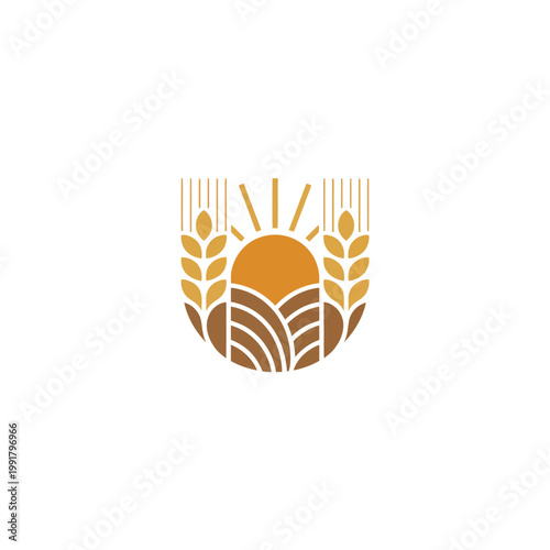 Sunrise over wheat field logo with agriculture landscape illustration