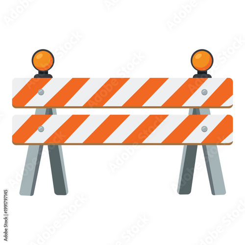 Road Block Ahead: An orange and white striped barricade signals a construction zone, featuring two orange flashing lights to alert drivers and pedestrians of potential hazards.
