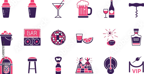 Collection of vibrant icons representing various bar and party elements Vector