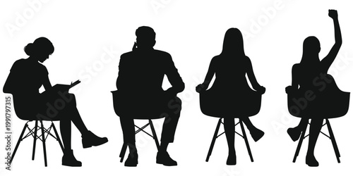 Seated people silhouette illustration set, body language artwork, discussion posture vector, meeting gesture composition, lifestyle character illustration