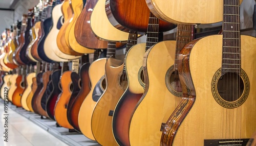 A wall filled with acoustic guitars of various wood tones and finishes