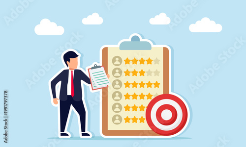 Businessman carrying document board near target board and rating checklist illustration of effort to improve business rating by achieving targets