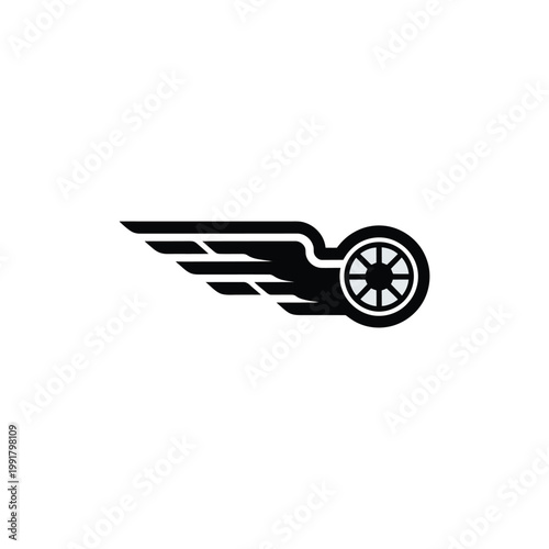 Winged wheel symbol with white background black and white graphic design