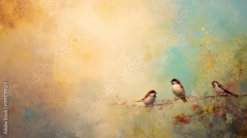 Birds sitting on a branch with colorful background in soft focus